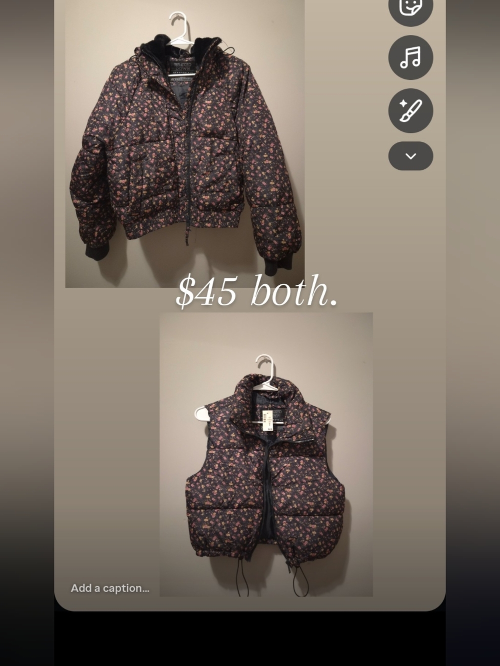 Aeropostale Down Floral Puffer Jacket Floral Puffer Jacket in Black & Vest